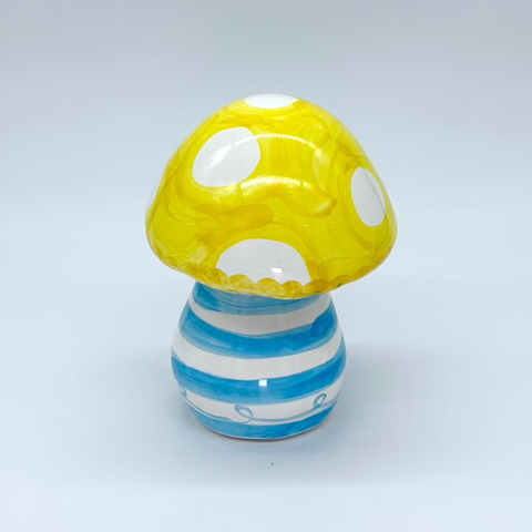 Yellow Cap Turquoise Stripe Small Garden Mushroom