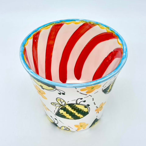 Bees Medium Flower Pot with Red Stripes