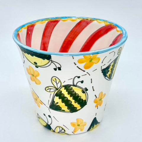 Bees Medium Flower Pot with Red Stripes