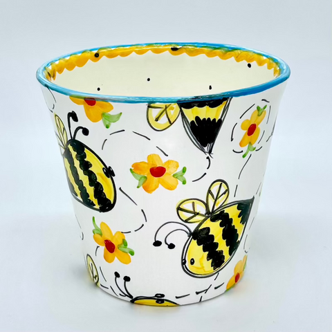 Bees Medium Flower Pot with Black Dots