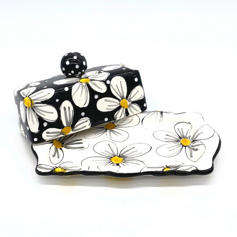 Black and White Daisy Butter Dish